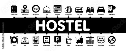 Hostel Minimal Infographic Web Banner Vector. Building Hostel And Location, Calendar And Parking Symbol, Bed And Laundry Machine Linear Pictograms. Wifi Internet Contour Illustrations
