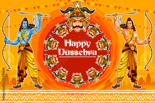 easy to edit vector illustration of Rama killing Ravana with Hindi massage meaning Happy Dussehra background showing festival of India