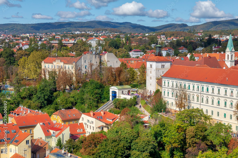 Zagreb upper city, view of the Gradec. Gric hill with famous Zagreb funicular and Lotrscak tower. Image