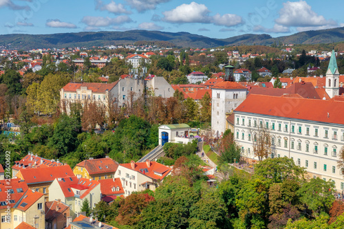 Zagreb upper city, view of the Gradec. Gric hill with famous Zagreb funicular and Lotrscak tower. Image photo