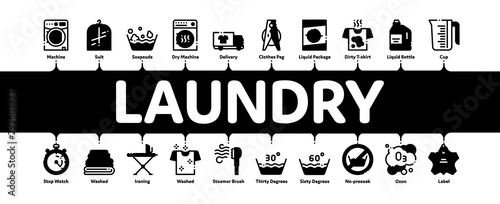 Laundry Service Minimal Infographic Web Banner Vector. Laundry Service, Washing Clothes Linear Pictograms. Laundromat, Dry-Cleaning, Launderette, Stain Removal, Ironing Contour Illustrations