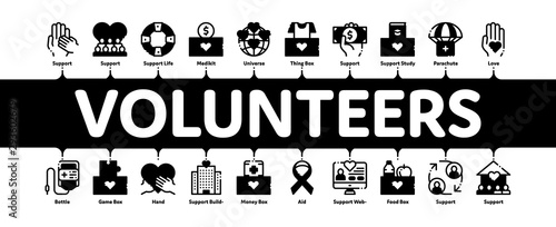 Volunteers Support Minimal Infographic Web Banner Vector. Volunteers Support, Charitable Organizations Linear Pictograms. Blood Donor, Food Donations, Financial Help, Humanitarian Aid Illustrations