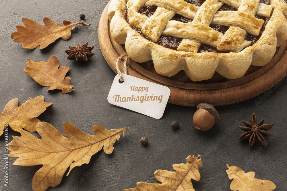 Fototapeta premium High angle assortment with delicious pie and leaves