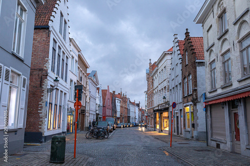 Streets in the old town of Bruges in the evening. Street light. © A_Skorobogatova