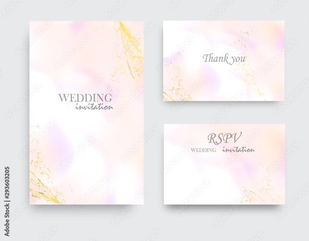 Vector wedding invitation set with liguid fluis background. Rose gold foil marble decoration luxury design.