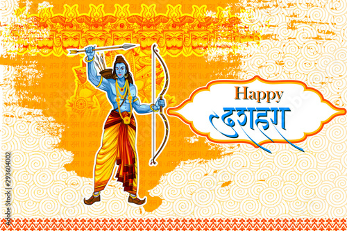 easy to edit vector illustration of Rama killing Ravana with Hindi massage meaning Happy Dussehra background showing festival of India