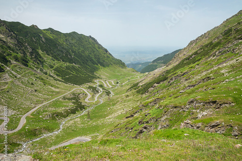 The winding Transfagarasan road, high up view of one of the most famous roads in Europe, crossing the southern section of the Carpathian Mountains, Fagaras, Romania