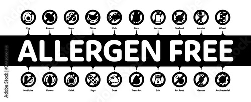 Allergen Free Products Minimal Infographic Web Banner Vector. Allergen Free Food, Drink Linear Pictograms. Healthy Produce, Safe Dairy, Poultry, Cereals. Genetic Nutrients Intolerance Illustration