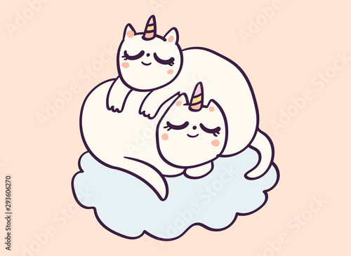 Cute cartoon character cat unicorns sleeping on cloud , funny vector illustration isolated on white.