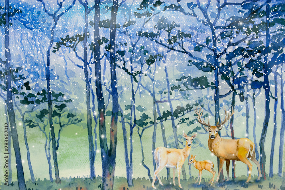 Paintings snow falls in forest winter and deer family.