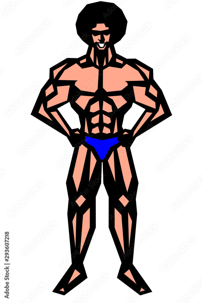 Fototapeta premium アフロ,筋肉,ボディビル,マッチョ,ポーズ,全身,パンツ,ビキニ,白背景,版画,喜怒哀楽,表情