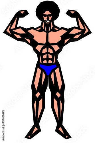 アフロ,筋肉,ボディビル,マッチョ,ポーズ,全身,パンツ,ビキニ,白背景,版画,喜怒哀楽,表情