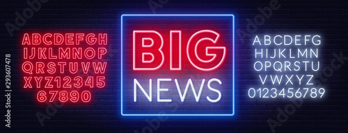 Big news neon sign on a dark background. Template for design with fonts.