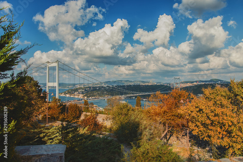 Panoramic view with Fatih Sultan Mehmet bridge over Bosphorus in autumn at Istanbul