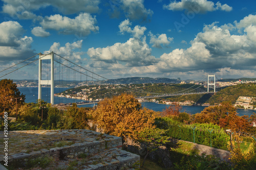 Panoramic view with Fatih Sultan Mehmet bridge over Bosphorus in autumn at Istanbul