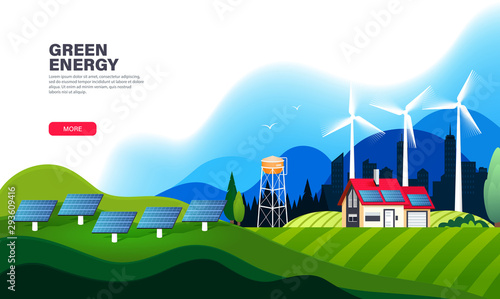 Alternative energy landing page template with solar panels and wind turbines. Ecological sustainable energy supply. Green energy and eco friendly house. Modern flat vector illustration.