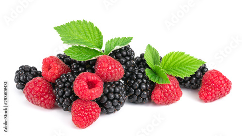 Raspberries and blackberries on white background.