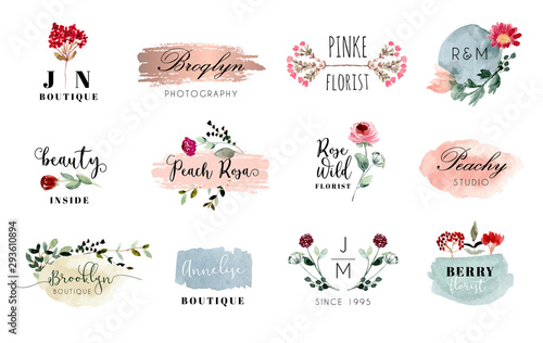 premade logo with beautiful floral and brush stroke watercolor collection