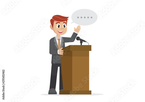 Businessman giving a speech at podium.