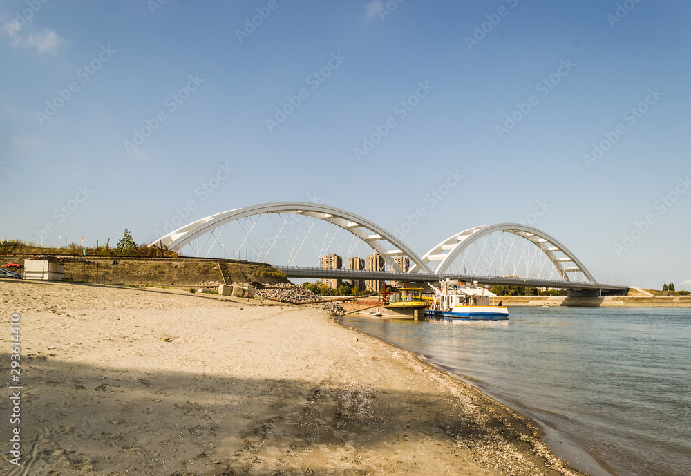 Novi Sad, Serbia - July 17. 2019: Zezelj bridge on river Danube in Novi Sad Serbia Novi Sad, Serbia - July 17. 2019: Zezelj bridge on river Danube in Novi Sad Serbia