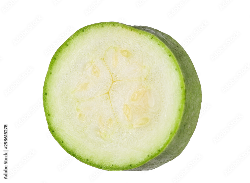one piece of a young juicy ripe green zucchini on a white background one piece of a young juicy ripe green zucchini on a white background