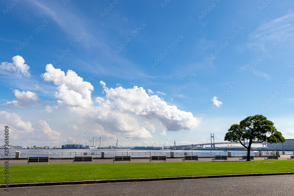 横浜山下公園の青空と海