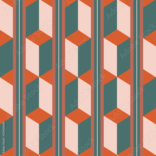 Unusual 3d effect rectangle block and stripe design in teal, orange and pastel pink. Seamless isometric vector pattern with modern retro vibe. Great for web, backgrounds, stationery,decor, packaging