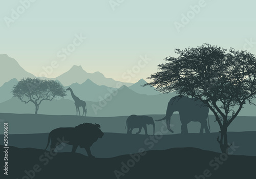 Realistic illustration of mountain african landscape and safari with animals and trees. Elephant with cub, lion and giraffe under green sky in savanna, vector