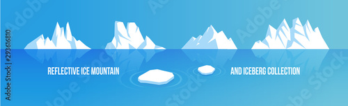 Ice mountain and iceberg illustration collection, set of rocky snowy mountains with ocean water reflection vector template