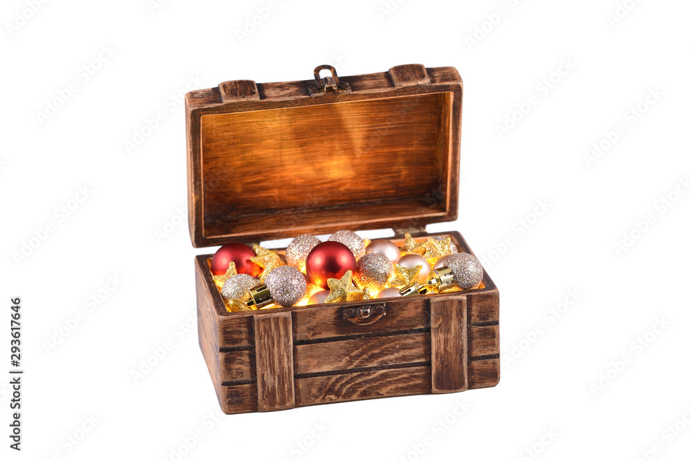 full treasure chest of christmas decorations on isolated background