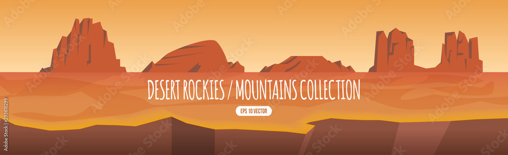 Fototapeta Pustynna skalista góra, wzgórze i jar kolekcja, westernu stylu kreskówki ilustraci krajobrazowy szablon