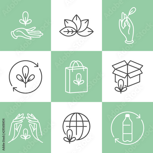 Vector set of logos, badges and icons for natural and organic products. Eco safe sign design. Collection symbol for zero waste and reusable packaging.