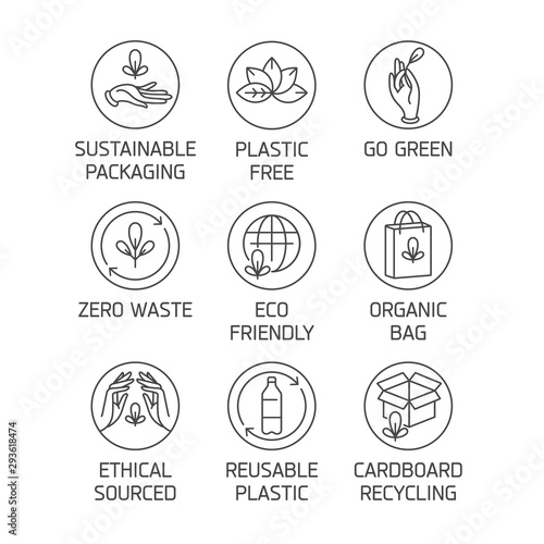 Vector set of logos, badges and icons for natural and organic products. Eco safe sign design. Collection symbol for zero waste and reusable packaging.