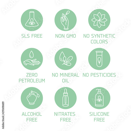 Vector set of logos, badges and icons for natural and organic products. Eco safe sign design. Collection symbol of healthy products.