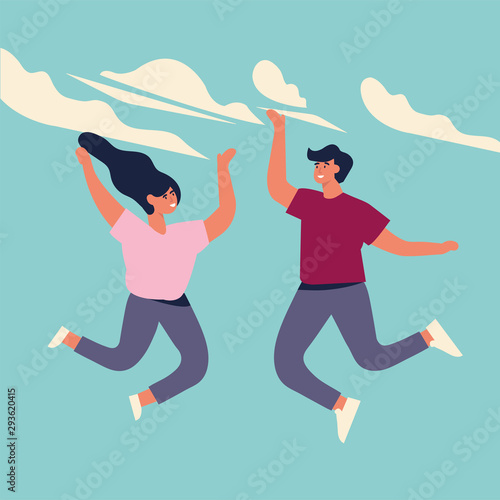 Happy group of people are jumping. Young people are celebrating together. Vector illustration in a flat style.