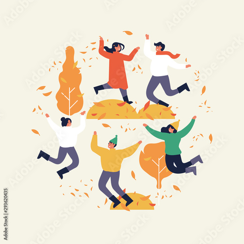 Happy autumn season. Warmly dressed people are jumping. Fall weather. Vector illustration in a flat style, circle composition.