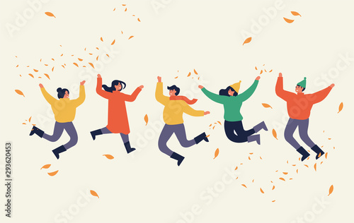 Happy autumn season. Warmly dressed people are jumping. Fall weather. Vector illustration in a flat style.