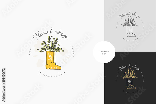 Vector hand drawing logo or badge and icon for gardening or flowers shop. Collection symbol of watering can with green branches.