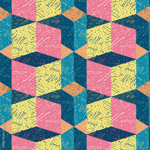 Funky textured rectangle block design in blue, pink, orange and yellow. Seamless isometric vector pattern with 3d effect. Great for party, web, backgrounds, stationery,decor, packaging