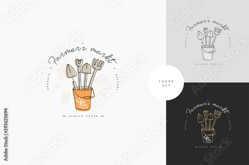 Vector set of logos, badges and icons for farmers and garden tools. Collection symbol of gardening.