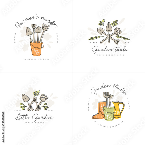 Vector set of logos, badges and icons for farmers and garden tools. Collection symbol of gardening.