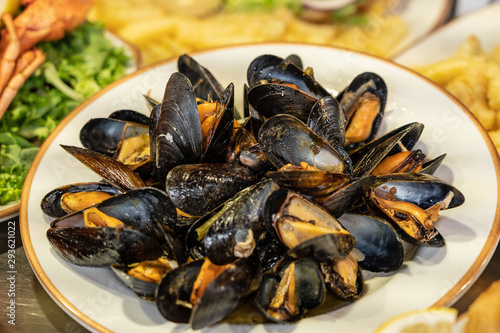 Mussels cooked sea food dish on the plate