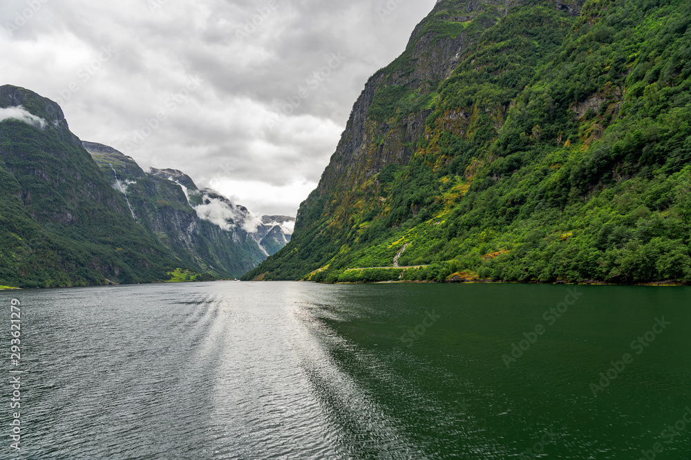 Sea way to Neroyfjord, green mountain  landscape, Sognefjord, Norway.
