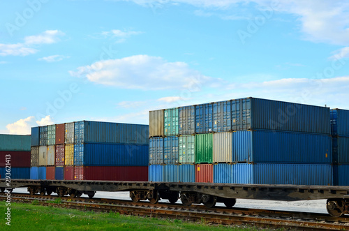 Cargo dock terminal with sea containers. logistic warehouse port of shipping container for the subsequent sorting, loading and sending them on freight railway cars or trucks to the client - Image
