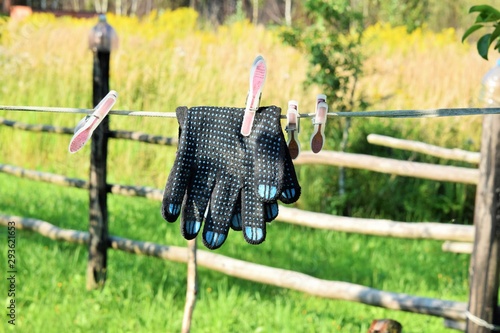 Cuadro en lienzo a pair of gloves to protect hands dries on a rope outdoors