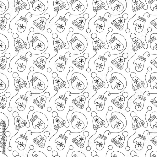 Vintage monoline Christmas seamless pattern with mittens and winter hats. Vector illustration for textile, greeting card, children wallpaper