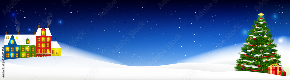 Winter night background with decorated Christmas tree, present boxes and cute houses in a snow landscape. Realistic vector illustration 