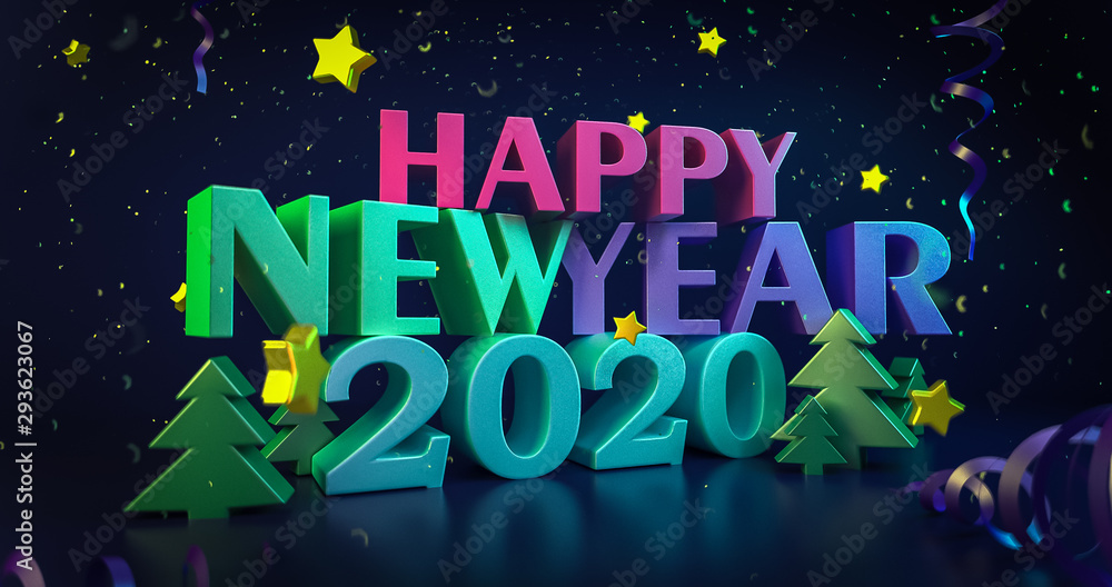 2020 New Year night colorful background. Greeting cards. Shining 3d illustration. Glowing stars with bright happy new year wishes. Christmas snowflakes