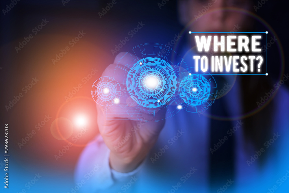 Text sign showing Where To Invest Question. Business photo showcasing asking about where put money into financial schemes or shares Woman wear formal work suit presenting presentation using smart