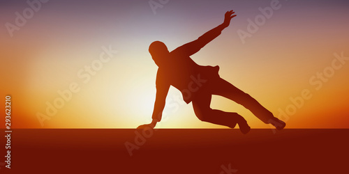 Concept de la fuite avec un homme qui cours et saute par dessus un obstacle pour échapper a ses poursuivants.